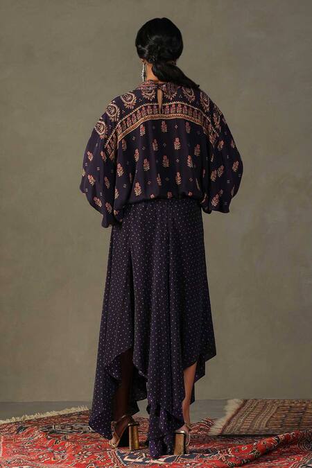 Shop RI.Ritu Kumar Purple Top- 100% Silk Printed Floral Crew Neck Judy And Draped Pant Set at Aza Fashions Shop_RI.Ritu Kumar_Purple Top- 100% Silk Printed Floral Crew Neck Judy And Draped Pant Set_at_Aza_Fashions