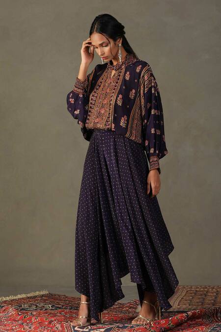 RI.Ritu Kumar Purple Top- 100% Silk Printed Floral Crew Neck Judy And Draped Pant Set Online at Aza Fashions RI.Ritu Kumar_Purple Top- 100% Silk Printed Floral Crew Neck Judy And Draped Pant Set_Online_at_Aza_Fashions