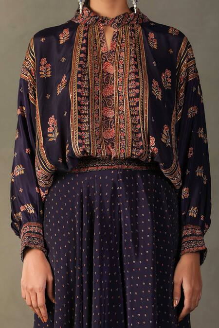 Buy RI.Ritu Kumar Purple Top- 100% Silk Printed Floral Crew Neck Judy And Draped Pant Set Online at Aza Fashions Buy_RI.Ritu Kumar_Purple Top- 100% Silk Printed Floral Crew Neck Judy And Draped Pant Set_Online_at_Aza_Fashions