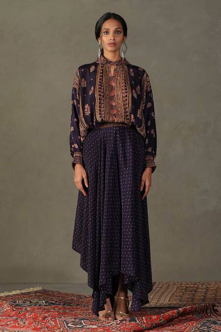 RI.Ritu Kumar Purple Top- 100% Silk Printed Floral Crew Neck Judy And Draped Pant Set at Aza Fashions RI.Ritu Kumar_Purple Top- 100% Silk Printed Floral Crew Neck Judy And Draped Pant Set_at_Aza_Fashions