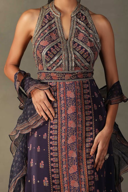 Shop RI.Ritu Kumar Blue Side Zip Printed Floral Band V Pattern Long Kurta Online at Aza Fashions Shop_RI.Ritu Kumar_Blue Side Zip Printed Floral Band V Pattern Long Kurta _Online_at_Aza_Fashions