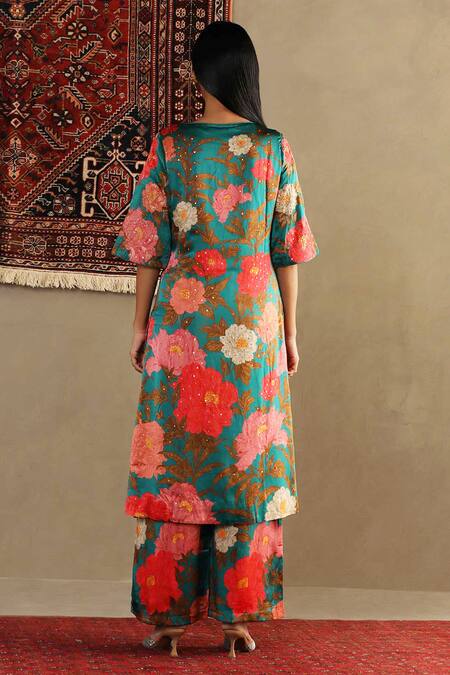 Shop RI.Ritu Kumar Green Cotton Embroidery, Sequins Round Neck Bella Floral Print Kurta And Pant Set at Aza Fashions Shop_RI.Ritu Kumar_Green Cotton Embroidery, Sequins Round Neck Bella Floral Print Kurta And Pant Set _at_Aza_Fashions