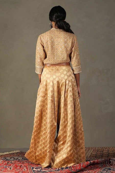 Shop RI.Ritu Kumar Gold Kurta- 80% Zari 20% Silk Embroidered Floral Rudrakhs Shirt And Palazzo Set at Aza Fashions Shop_RI.Ritu Kumar_Gold Kurta- 80% Zari 20% Silk Embroidered Floral Rudrakhs Shirt And Palazzo Set _at_Aza_Fashions