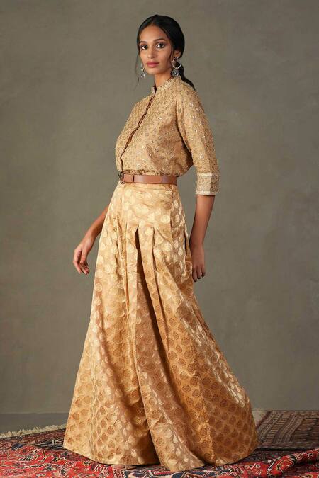 RI.Ritu Kumar Gold Kurta- 80% Zari 20% Silk Embroidered Floral Rudrakhs Shirt And Palazzo Set Online at Aza Fashions RI.Ritu Kumar_Gold Kurta- 80% Zari 20% Silk Embroidered Floral Rudrakhs Shirt And Palazzo Set _Online_at_Aza_Fashions