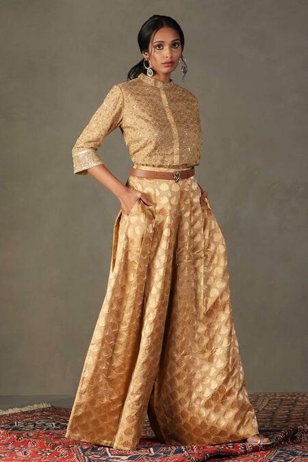 Buy RI.Ritu Kumar Gold Kurta- 80% Zari 20% Silk Embroidered Floral Rudrakhs Shirt And Palazzo Set Online at Aza Fashions Buy_RI.Ritu Kumar_Gold Kurta- 80% Zari 20% Silk Embroidered Floral Rudrakhs Shirt And Palazzo Set _Online_at_Aza_Fashions