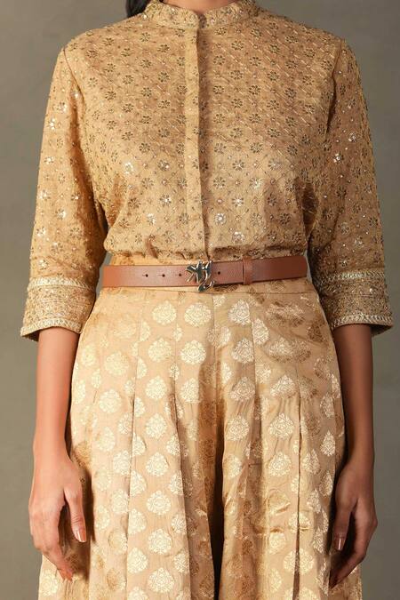 Shop RI.Ritu Kumar Gold Kurta- 80% Zari 20% Silk Embroidered Floral Rudrakhs Shirt And Palazzo Set Online at Aza Fashions Shop_RI.Ritu Kumar_Gold Kurta- 80% Zari 20% Silk Embroidered Floral Rudrakhs Shirt And Palazzo Set _Online_at_Aza_Fashions