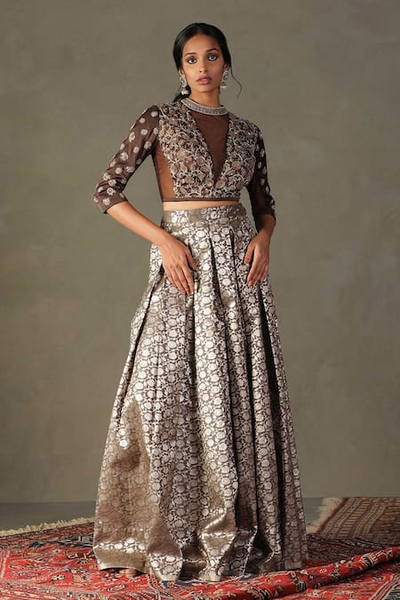 RI.Ritu Kumar Brown Blouse- 100% Silk Embroidered Rudraksh And Pleated Skirt Set 