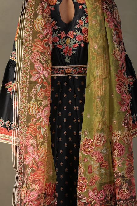RI.Ritu Kumar_Black Anarklai-85% Cotton And 15% Silk Printed Floral Dahlia Pattern Anarkali Set _at_Aza_Fashions