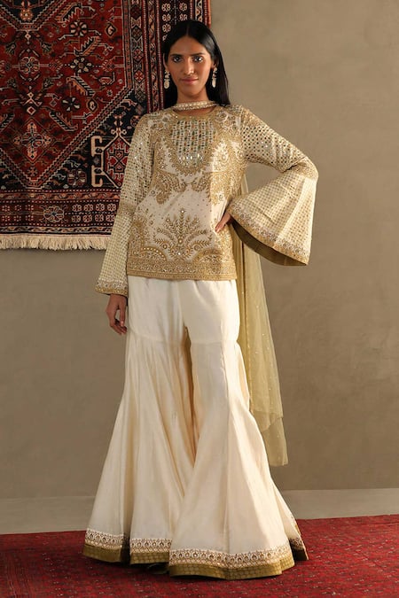 RI.Ritu Kumar White Top- 100% Silk Embroidered Round Darpan And Sharara Set 