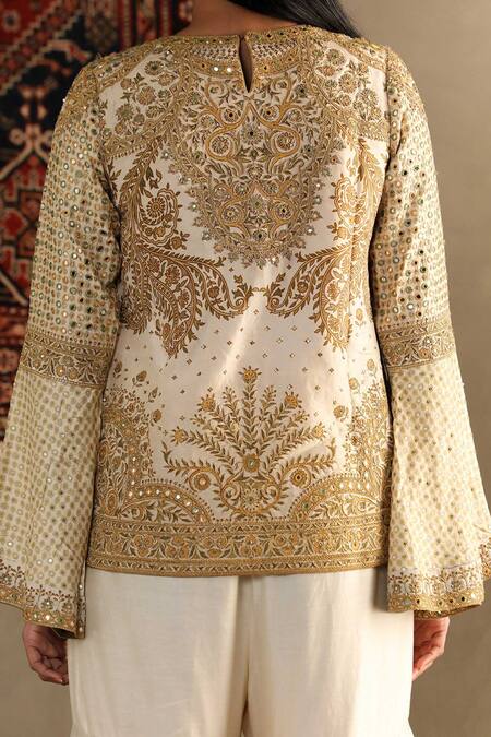 Shop RI.Ritu Kumar White Top- 100% Silk Embroidered Round Darpan And Sharara Set Online at Aza Fashions Shop_RI.Ritu Kumar_White Top- 100% Silk Embroidered Round Darpan And Sharara Set_Online_at_Aza_Fashions