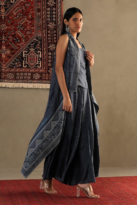 RI.Ritu Kumar_Blue 100% Silk Embroidered Kantha Stitch Round Gonda Varunda Cape And Palazzo Set_Online_at_Aza_Fashions