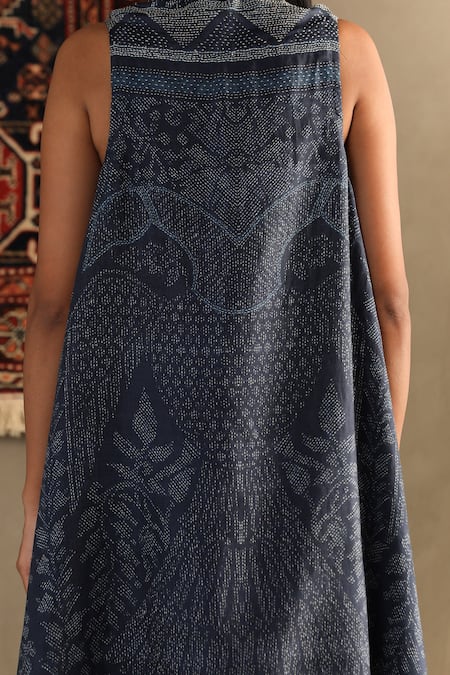 Shop_RI.Ritu Kumar_Blue 100% Silk Embroidered Kantha Stitch Round Gonda Varunda Cape And Palazzo Set_Online_at_Aza_Fashions