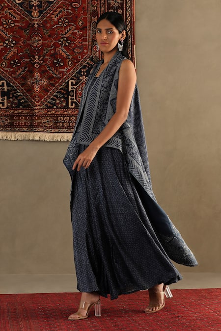 RI.Ritu Kumar_Blue 100% Silk Embroidered Kantha Stitch Round Gonda Varunda Cape And Palazzo Set_at_Aza_Fashions