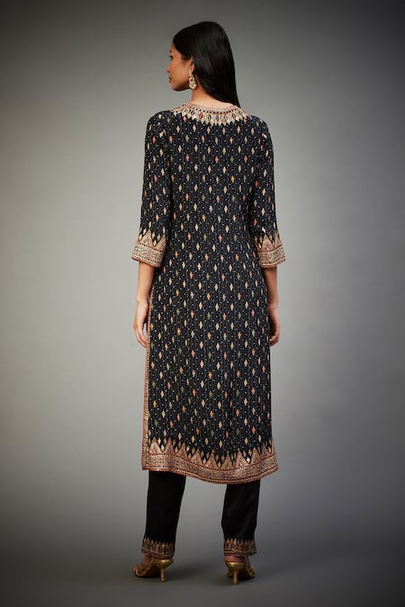 Shop_RI.Ritu Kumar_Black Kurta And Dupatta-100% Viscose Embroidered Aari Notched Rabari Set _at_Aza_Fashions