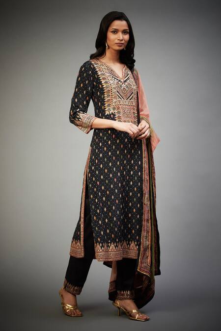 Buy_RI.Ritu Kumar_Black Kurta And Dupatta-100% Viscose Embroidered Aari Notched Rabari Set _Online_at_Aza_Fashions