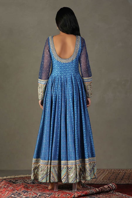 Shop RI.Ritu Kumar Blue Anarkali Shell - 15% Silk 85% Cotton Print Bandhani Scoop Churidar Set at Aza Fashions Shop_RI.Ritu Kumar_Blue Anarkali Shell - 15% Silk 85% Cotton Print Bandhani Scoop Churidar Set _at_Aza_Fashions