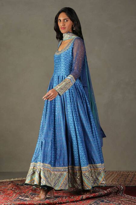 RI.Ritu Kumar Blue Anarkali Shell - 15% Silk 85% Cotton Print Bandhani Scoop Churidar Set Online at Aza Fashions RI.Ritu Kumar_Blue Anarkali Shell - 15% Silk 85% Cotton Print Bandhani Scoop Churidar Set _Online_at_Aza_Fashions