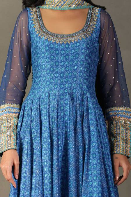 Shop RI.Ritu Kumar Blue Anarkali Shell - 15% Silk 85% Cotton Print Bandhani Scoop Churidar Set Online at Aza Fashions Shop_RI.Ritu Kumar_Blue Anarkali Shell - 15% Silk 85% Cotton Print Bandhani Scoop Churidar Set _Online_at_Aza_Fashions
