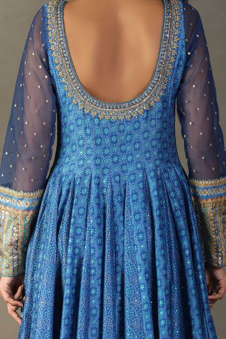 RI.Ritu Kumar Blue Anarkali Shell - 15% Silk 85% Cotton Print Bandhani Scoop Churidar Set at Aza Fashions RI.Ritu Kumar_Blue Anarkali Shell - 15% Silk 85% Cotton Print Bandhani Scoop Churidar Set _at_Aza_Fashions