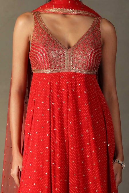 RI.Ritu Kumar Red Anarkali Shell- 100% Silk Print Geometric Sohini Embroidered Churidar Set at Aza Fashions RI.Ritu Kumar_Red Anarkali Shell- 100% Silk Print Geometric Sohini Embroidered Churidar Set _at_Aza_Fashions