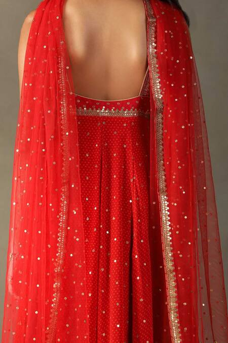 Buy RI.Ritu Kumar Red Anarkali Shell- 100% Silk Print Geometric Sohini Embroidered Churidar Set Buy_RI.Ritu Kumar_Red Anarkali Shell- 100% Silk Print Geometric Sohini Embroidered Churidar Set