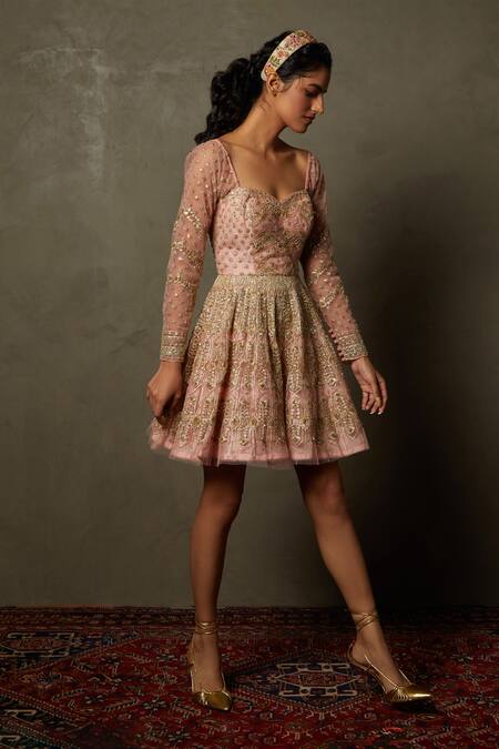 Buy_RI.Ritu Kumar_Pink Dress Shell - 100%polyester Embroidery Gota Sweetheart Neck Chanda _Online_at_Aza_Fashions