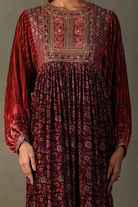 RI.Ritu Kumar Maroon Shell Fabric - 100% Silk Print Floral Zergul Embroidered Bodice Dress at Aza Fashions RI.Ritu Kumar_Maroon Shell Fabric - 100% Silk Print Floral Zergul Embroidered Bodice Dress _at_Aza_Fashions