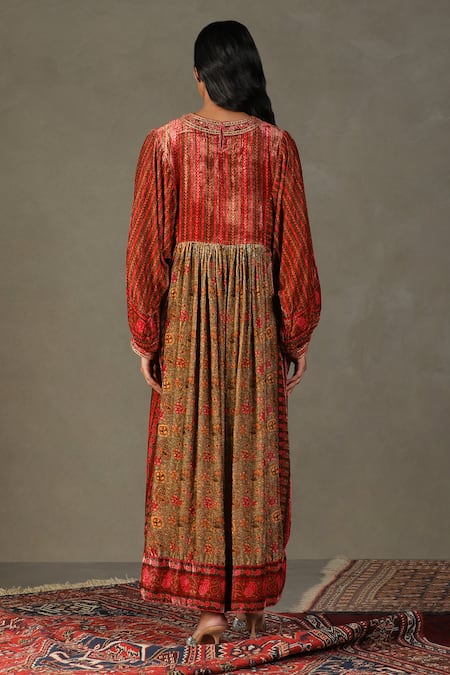 Shop RI.Ritu Kumar Orange Shell Fabric - 100% Silk Print Zergul Zardozi Embroidered Bodice Dress at Aza Fashions Shop_RI.Ritu Kumar_Orange Shell Fabric - 100% Silk Print Zergul Zardozi Embroidered Bodice Dress _at_Aza_Fashions