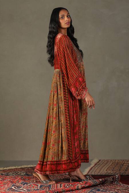 Shop RI.Ritu Kumar Orange Shell Fabric - 100% Silk Print Zergul Zardozi Embroidered Bodice Dress Online at Aza Fashions Shop_RI.Ritu Kumar_Orange Shell Fabric - 100% Silk Print Zergul Zardozi Embroidered Bodice Dress _Online_at_Aza_Fashions