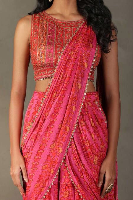 RI.Ritu Kumar_Pink Pre-draped Saree - 100% Viscose Print Bougainville Round Pant With Blouse_Online_at_Aza_Fashions