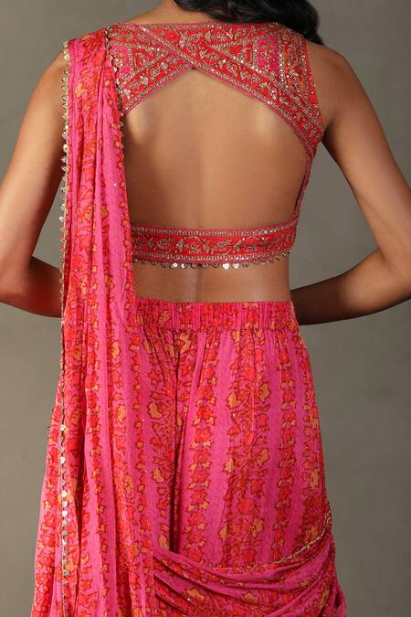 Buy_RI.Ritu Kumar_Pink Pre-draped Saree - 100% Viscose Print Bougainville Round Pant With Blouse_Online_at_Aza_Fashions