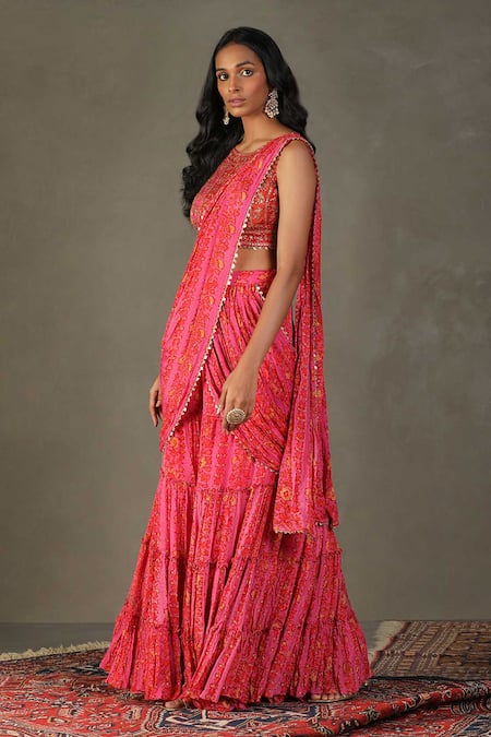 Shop_RI.Ritu Kumar_Pink Pre-draped Saree - 100% Viscose Print Bougainville Round Pant With Blouse_Online_at_Aza_Fashions