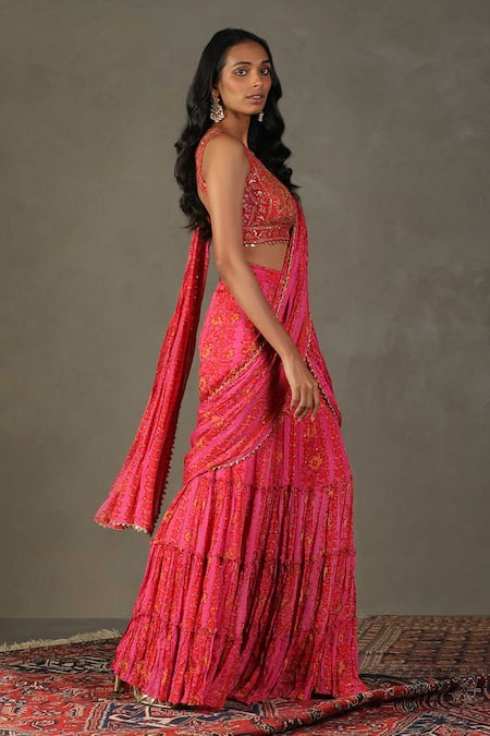 RI.Ritu Kumar_Pink Pre-draped Saree - 100% Viscose Print Bougainville Round Pant With Blouse_at_Aza_Fashions