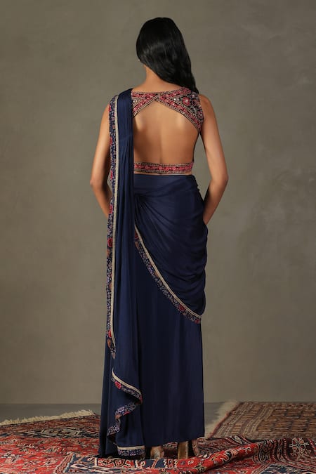 Shop RI.Ritu Kumar Blue Pre-draped Saree - 100% Viscose Embroidery Floral Zergul With Blouse at Aza Fashions Shop_RI.Ritu Kumar_Blue Pre-draped Saree - 100% Viscose Embroidery Floral Zergul With Blouse _at_Aza_Fashions