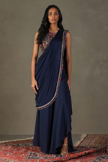 RI.Ritu Kumar Blue Pre-draped Saree - 100% Viscose Embroidery Floral Zergul With Blouse Online at Aza Fashions RI.Ritu Kumar_Blue Pre-draped Saree - 100% Viscose Embroidery Floral Zergul With Blouse _Online_at_Aza_Fashions