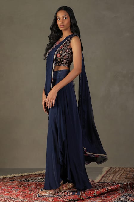 Buy RI.Ritu Kumar Blue Pre-draped Saree - 100% Viscose Embroidery Floral Zergul With Blouse Online at Aza Fashions Buy_RI.Ritu Kumar_Blue Pre-draped Saree - 100% Viscose Embroidery Floral Zergul With Blouse _Online_at_Aza_Fashions