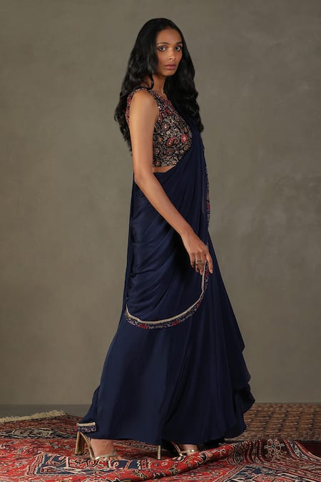 Shop RI.Ritu Kumar Blue Pre-draped Saree - 100% Viscose Embroidery Floral Zergul With Blouse Online at Aza Fashions Shop_RI.Ritu Kumar_Blue Pre-draped Saree - 100% Viscose Embroidery Floral Zergul With Blouse _Online_at_Aza_Fashions