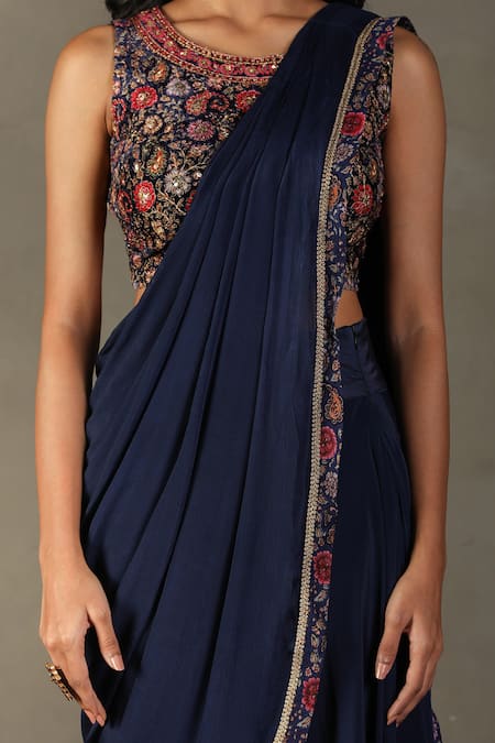 RI.Ritu Kumar Blue Pre-draped Saree - 100% Viscose Embroidery Floral Zergul With Blouse at Aza Fashions RI.Ritu Kumar_Blue Pre-draped Saree - 100% Viscose Embroidery Floral Zergul With Blouse _at_Aza_Fashions
