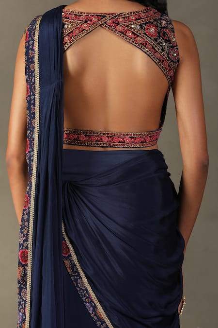 Buy RI.Ritu Kumar Blue Pre-draped Saree - 100% Viscose Embroidery Floral Zergul With Blouse Buy_RI.Ritu Kumar_Blue Pre-draped Saree - 100% Viscose Embroidery Floral Zergul With Blouse