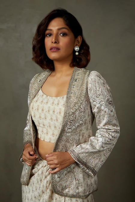 Shop RI.Ritu Kumar Grey Jacket Cotton 45% + Rayon 55% Print Vedam Embroidered Draped Skirt Set Online at Aza Fashions Shop_RI.Ritu Kumar_Grey Jacket Cotton 45% + Rayon 55% Print Vedam Embroidered Draped Skirt Set _Online_at_Aza_Fashions