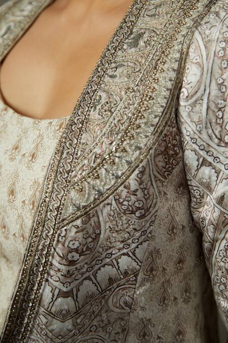 RI.Ritu Kumar Grey Jacket Cotton 45% + Rayon 55% Print Vedam Embroidered Draped Skirt Set at Aza Fashions RI.Ritu Kumar_Grey Jacket Cotton 45% + Rayon 55% Print Vedam Embroidered Draped Skirt Set _at_Aza_Fashions