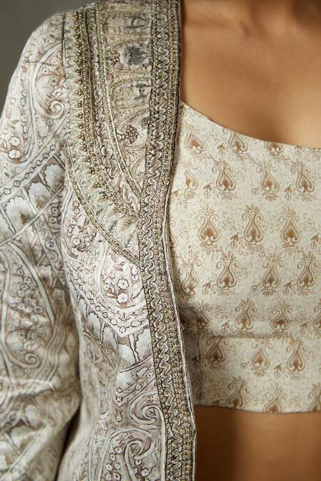 Buy RI.Ritu Kumar Grey Jacket Cotton 45% + Rayon 55% Print Vedam Embroidered Draped Skirt Set Buy_RI.Ritu Kumar_Grey Jacket Cotton 45% + Rayon 55% Print Vedam Embroidered Draped Skirt Set