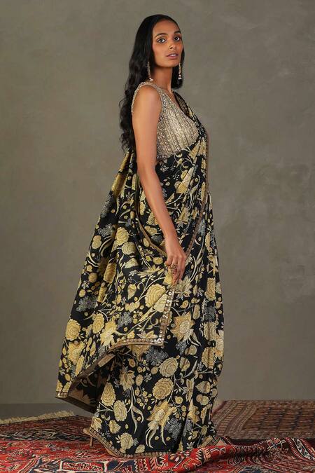 Buy RI.Ritu Kumar Black Saree - 100% Silk Print Floral V Neck Janet With Blouse Online at Aza Fashions Buy_RI.Ritu Kumar_Black Saree - 100% Silk Print Floral V Neck Janet With Blouse_Online_at_Aza_Fashions