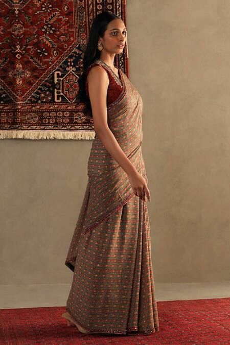 RI.Ritu Kumar_Brown Silk, Viscose Mirrors, Embroidery Aashnaa Floral Print Saree With Blouse _Online_at_Aza_Fashions