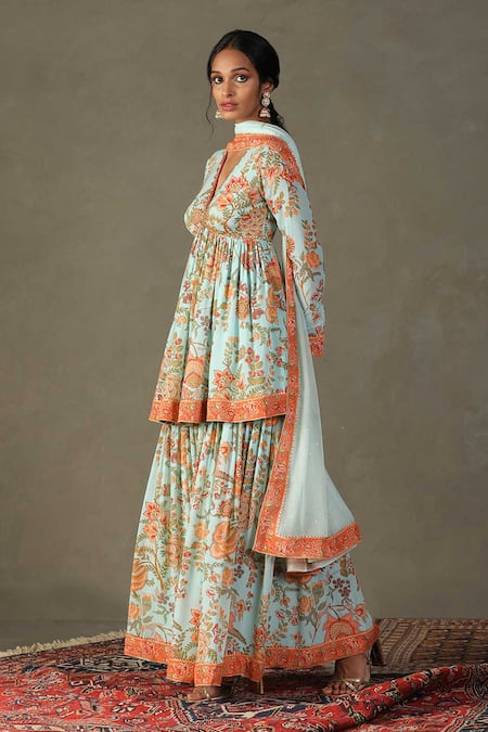 RI.Ritu Kumar Green Kurta And Gharara- 100% Silk Printed Tropical Floral V Neck Navina Set Online at Aza Fashions RI.Ritu Kumar_Green Kurta And Gharara- 100% Silk Printed Tropical Floral V Neck Navina Set_Online_at_Aza_Fashions