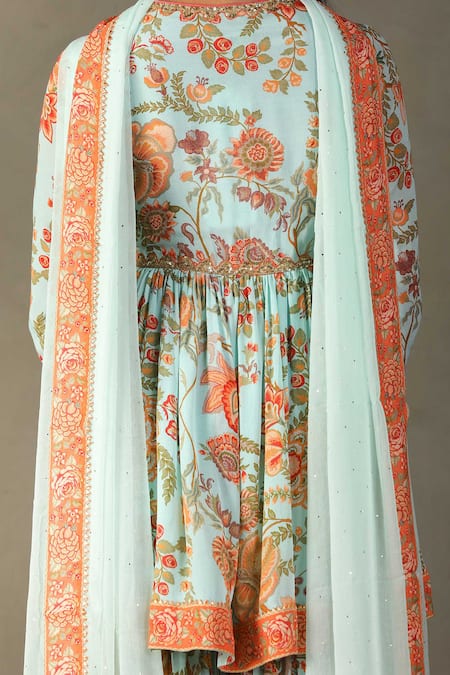 Buy RI.Ritu Kumar Green Kurta And Gharara- 100% Silk Printed Tropical Floral V Neck Navina Set Buy_RI.Ritu Kumar_Green Kurta And Gharara- 100% Silk Printed Tropical Floral V Neck Navina Set