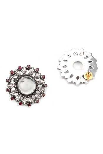 Shop Sangeeta Boochra Silver Plated Stones Delly Floral Carved Earrings at Aza Fashions Shop_Sangeeta Boochra_Silver Plated Stones Delly Floral Carved Earrings _at_Aza_Fashions