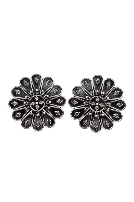 Sangeeta Boochra_Silver Plated Livia Floral Carved Oxidized Earrings _Online_at_Aza_Fashions