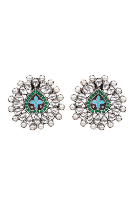 Sangeeta Boochra_Silver Plated Imitation Diamonds Corelia Oval Shaped Earrings _Online_at_Aza_Fashions