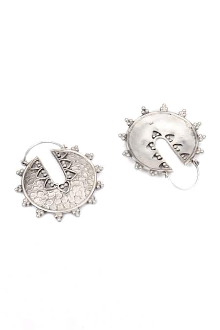 Shop Sangeeta Boochra Silver Plated Franca Geometric Carved Oxidized Earrings at Aza Fashions Shop_Sangeeta Boochra_Silver Plated Franca Geometric Carved Oxidized Earrings _at_Aza_Fashions